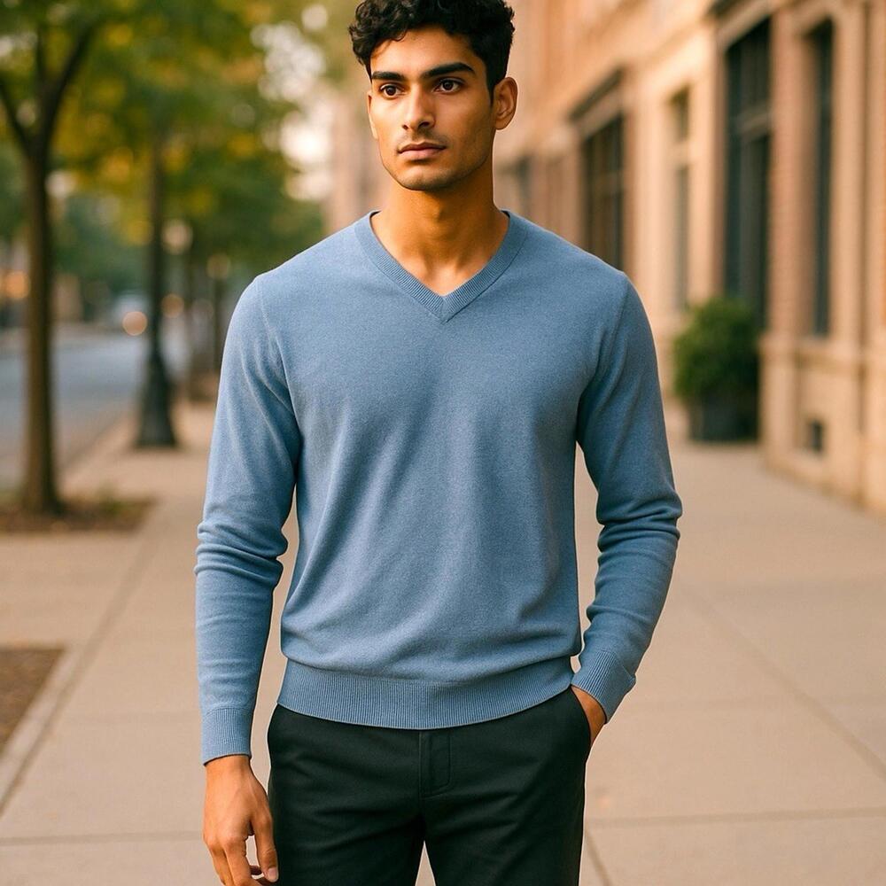 Faconnable Men's Blue 100% Wool V Neck Long Sleeve Pullover Sweater Size XL